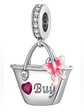 Silver Tote Bag Dangle Charm with Pink Bow and Red Heart